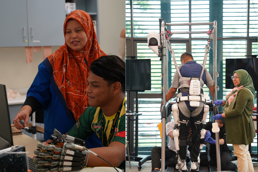 A two-paneled image showing advanced medical rehabilitation technology.